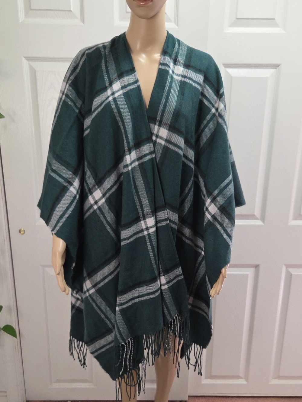 Lane Bryant Teal Plaid Fringe Shawl
